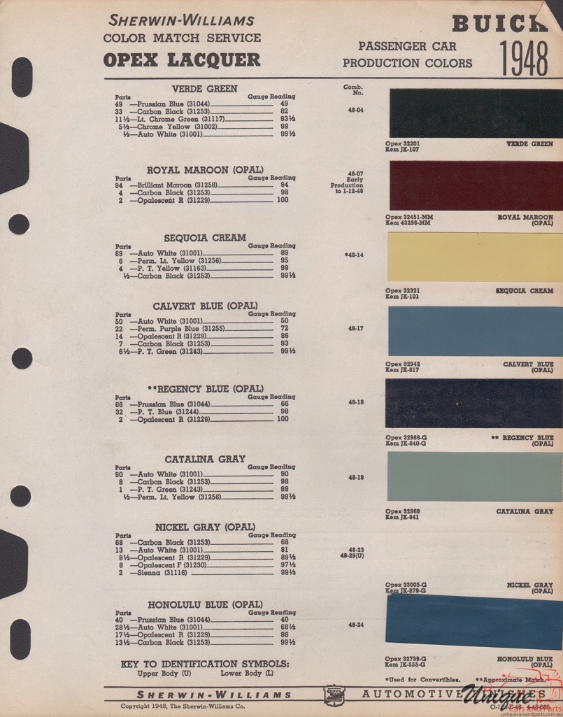 1948 Buick Paint Charts Williams 1
